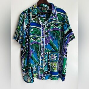 Bob Mackie Wearable Art 1X blouse colorful tropical cat blue purple 100% silk